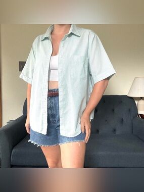 Land’s End mint green and white vertical stripe pinstripe short sleeve button up